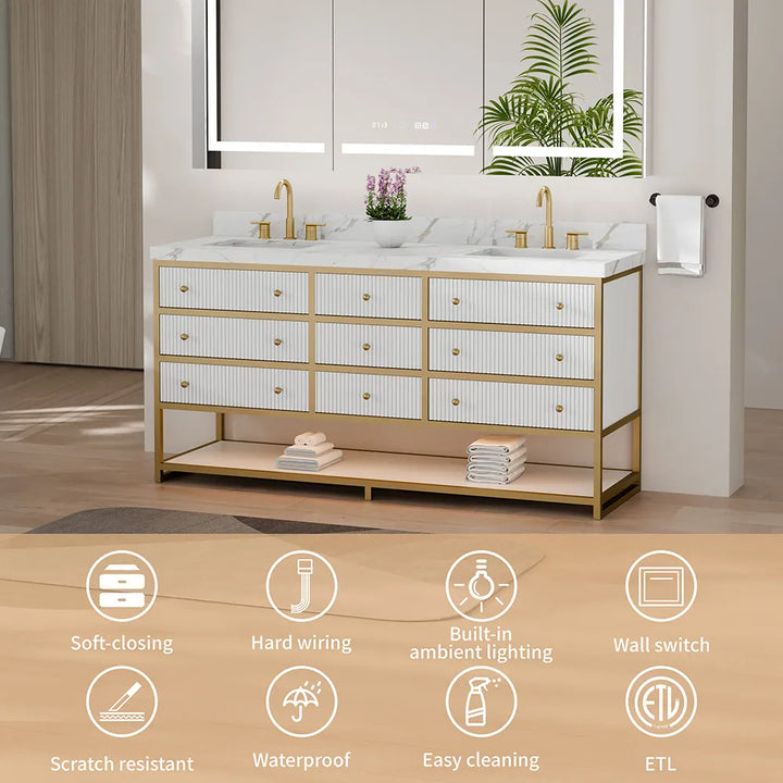 White fluted solid wood double sink vanity with ETL and soft closing features