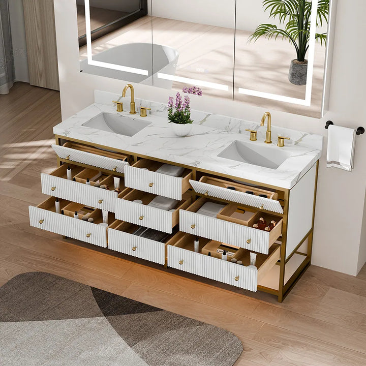 White fluted solid wood double sink vanity with gold frame and open drawers