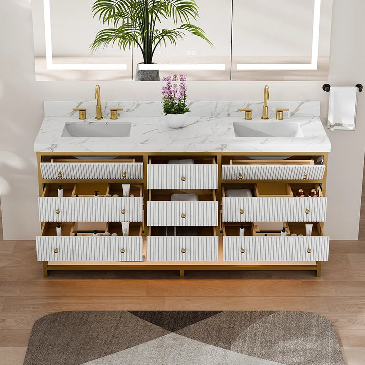 White fluted solid wood double sink bathroom vanity with open storage drawers