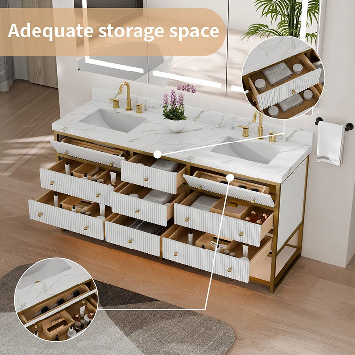 White fluted solid wood double sink vanity with ample drawer storage space