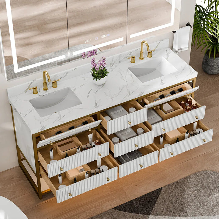 Top view of white fluted solid wood double sink bathroom vanity with storage