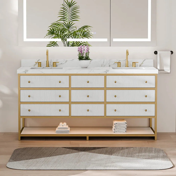 White fluted solid wood double sink bathroom vanity with gold frame base