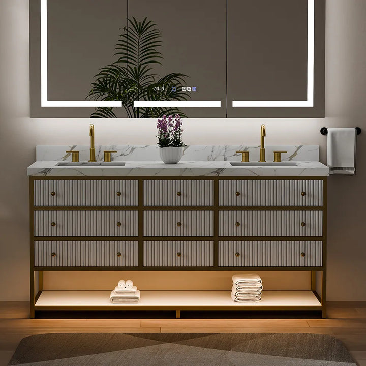 White fluted solid wood double sink bathroom vanity with gold frame under light