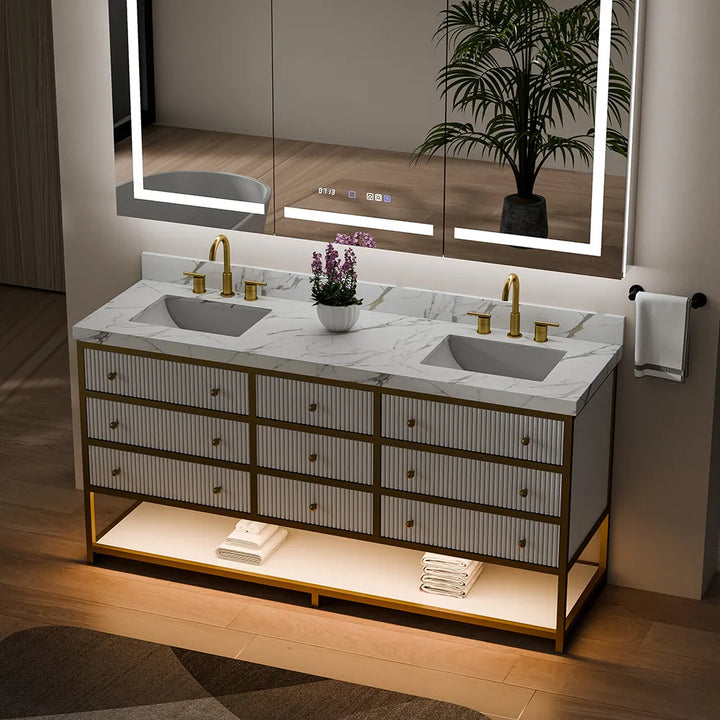 White fluted solid wood double sink bathroom vanity with gold frame luxury view