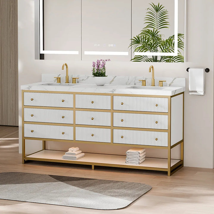 White fluted solid wood double sink bathroom vanity with gold frame base