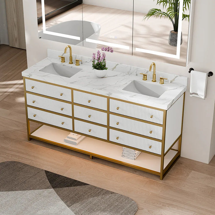 White fluted solid wood double sink bathroom vanity with gold frame top view