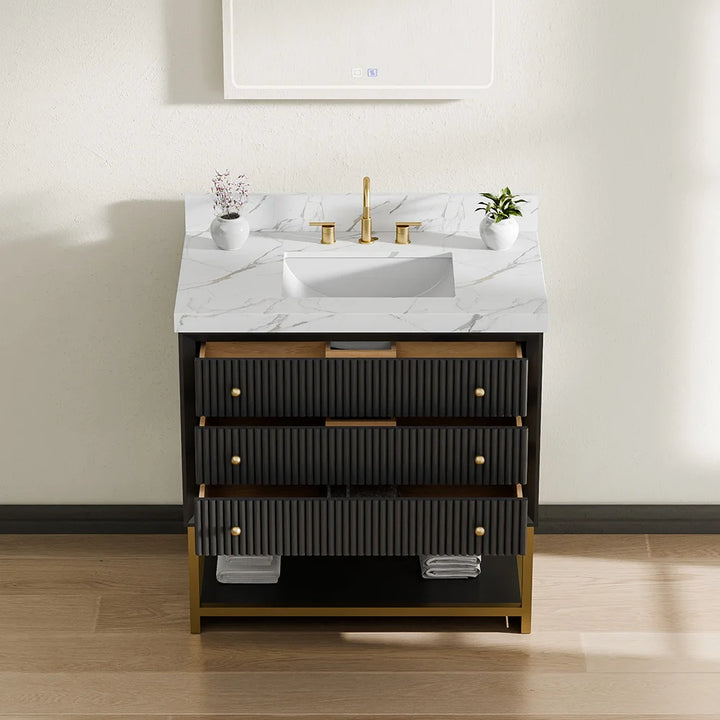 Fluted solid wood bathroom vanity with marble top and open drawers front view