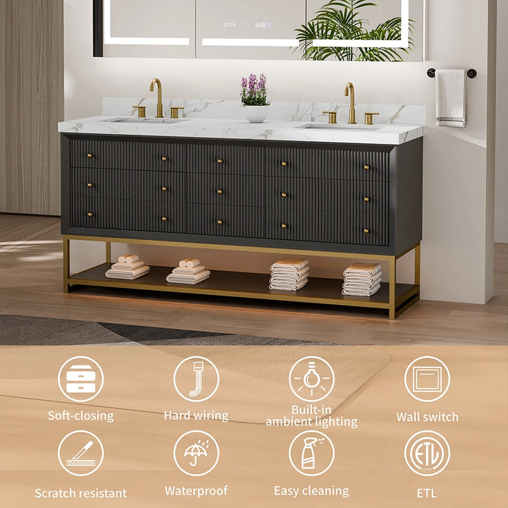 Fluted solid wood bathroom vanity with lighting, waterproof and ETL listed