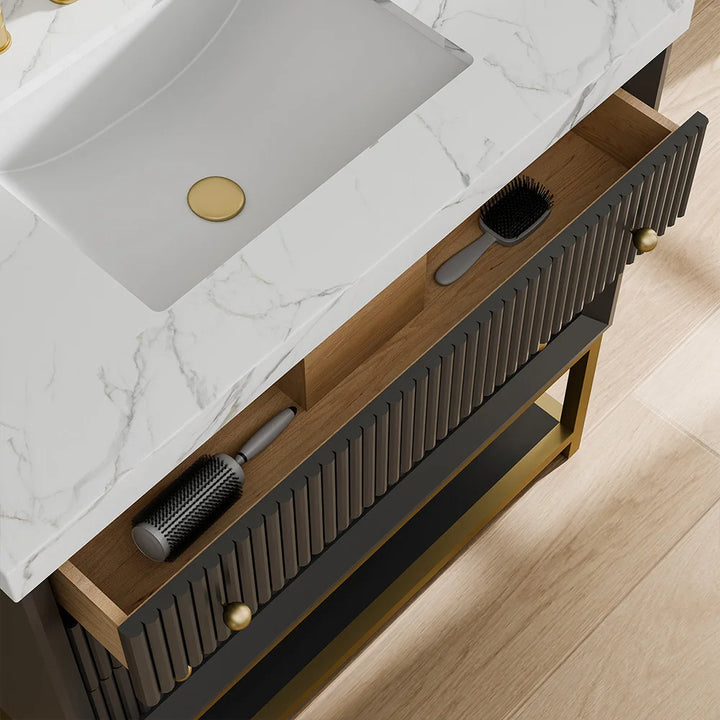 Fluted solid wood bathroom vanity marble top with drawer detail view