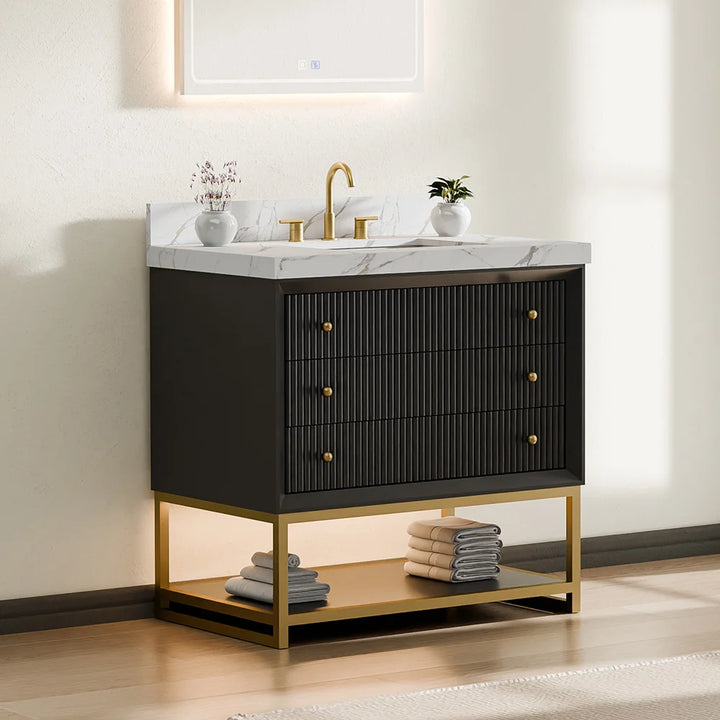 Fluted solid wood bathroom vanity with marble top and gold metal base