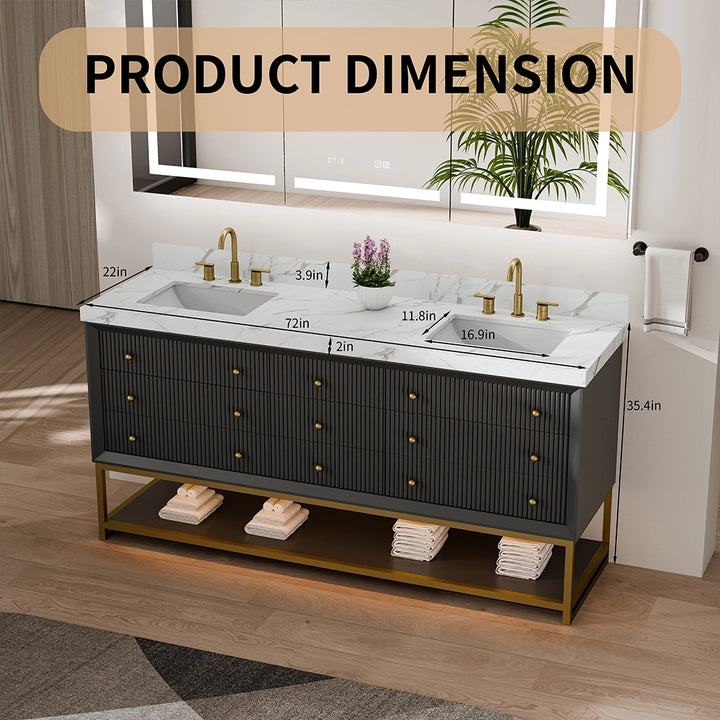 Fluted solid wood bathroom vanity 72 inch with labeled product dimensions