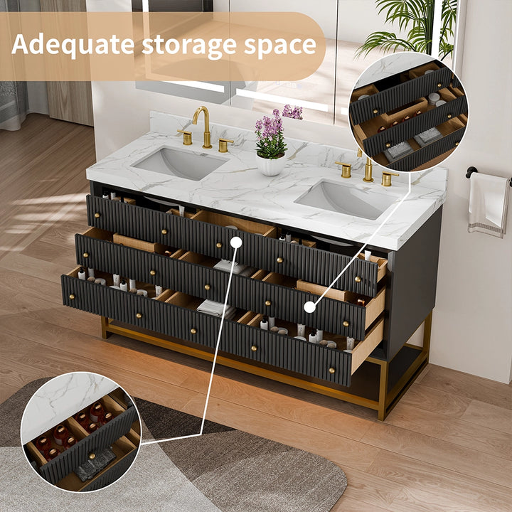 Fluted solid wood bathroom vanity with multiple storage drawers open