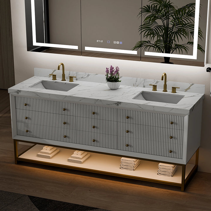 White fluted solid wood bathroom vanity with double sink and warm lighting