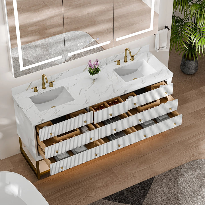 White fluted solid wood bathroom vanity with double sink and open storage