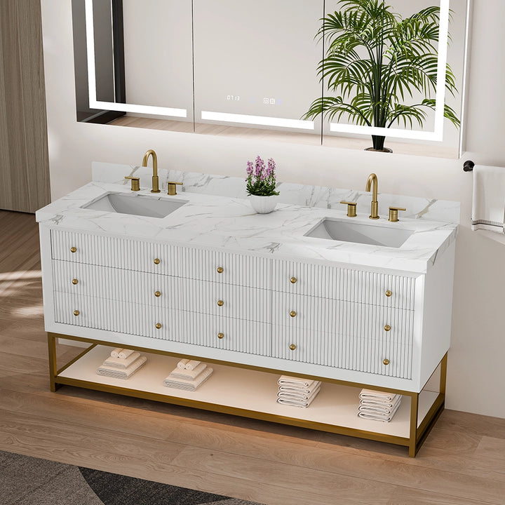 White fluted solid wood bathroom vanity with double sink and gold faucet