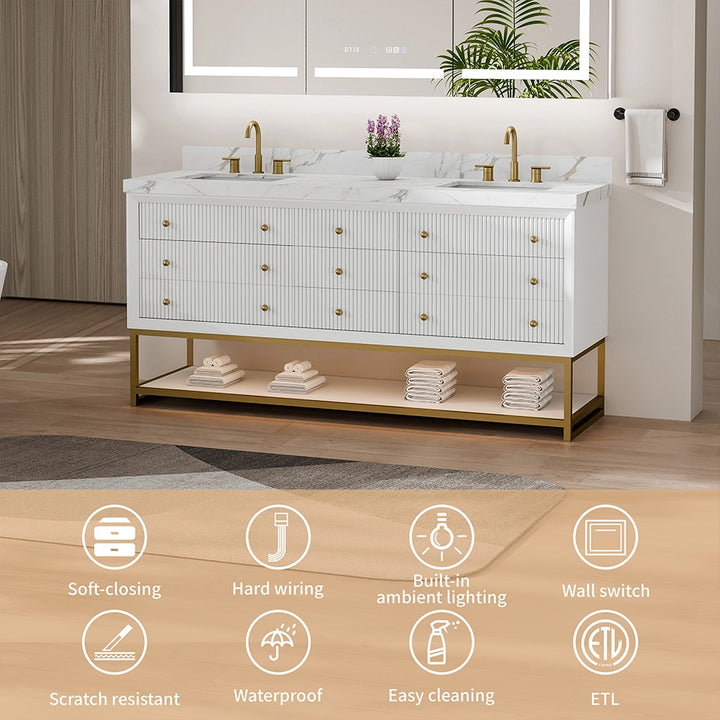 White fluted solid wood bathroom vanity with ETL soft close waterproof features
