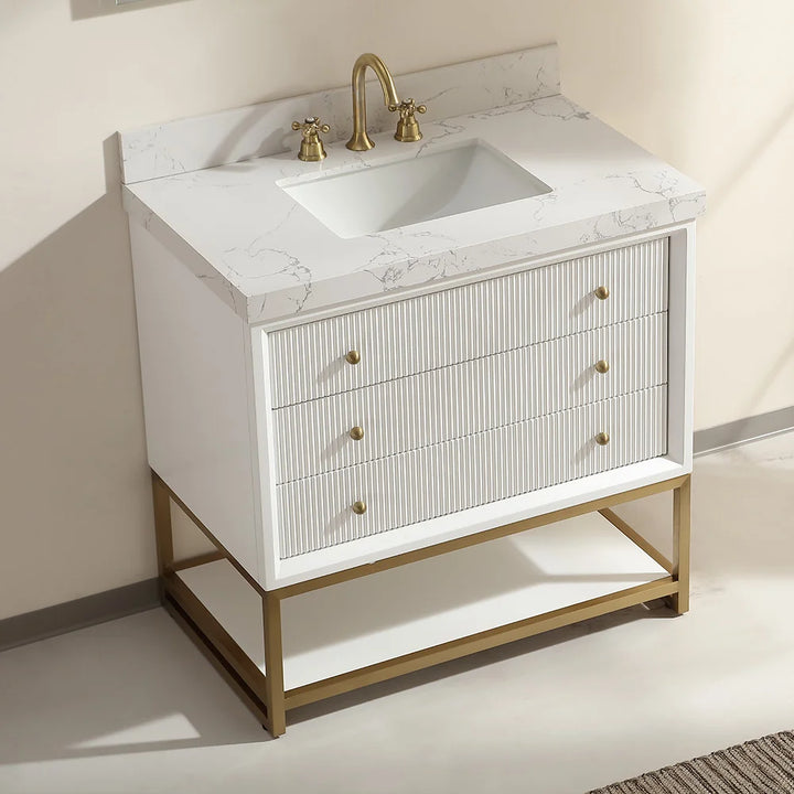 White fluted solid wood bathroom vanity with marble countertop