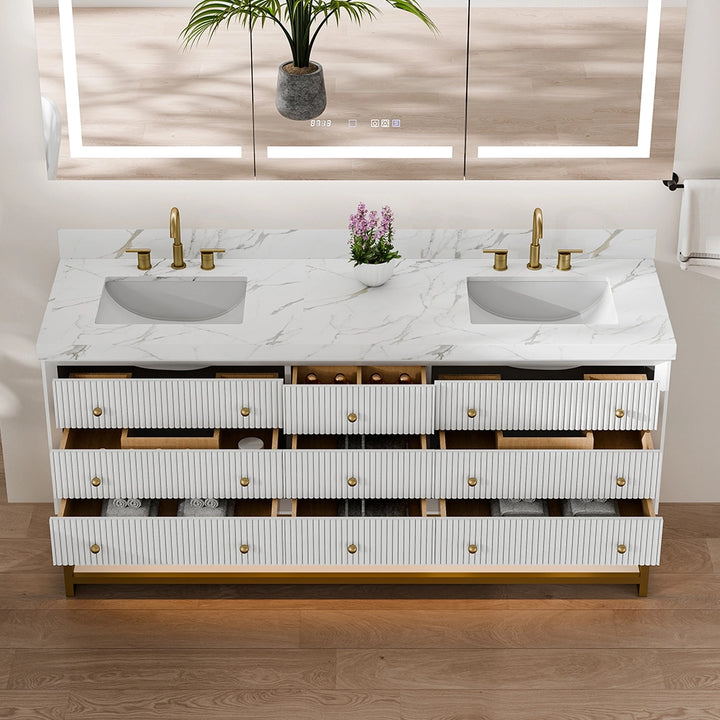White fluted solid wood bathroom vanity with open drawers and ample storage