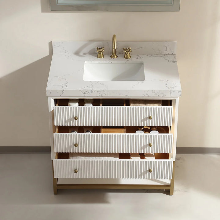 White fluted solid wood bathroom vanity with open drawers