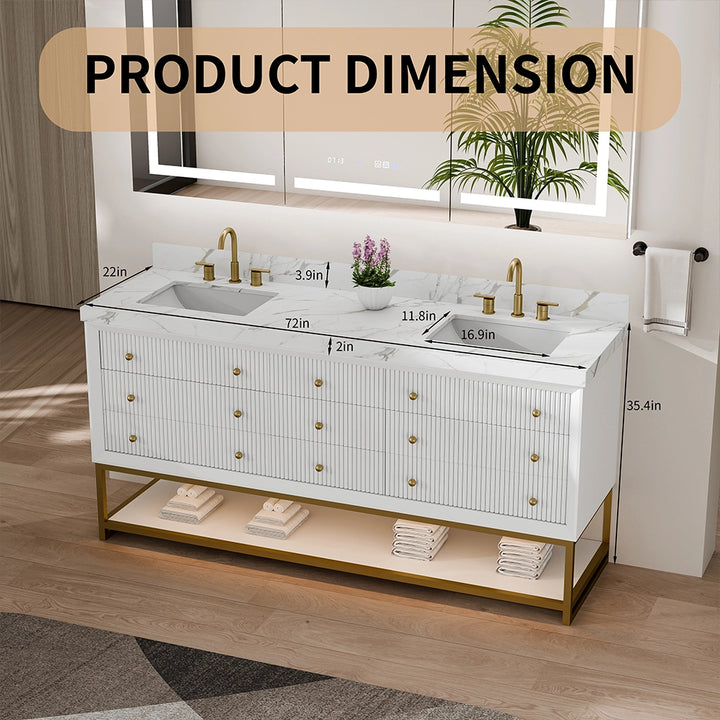 White fluted solid wood bathroom vanity with double sink and product dimensions