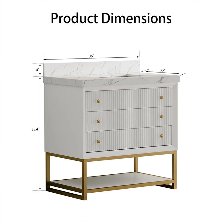 White fluted solid wood bathroom vanity with product size dimensions shown