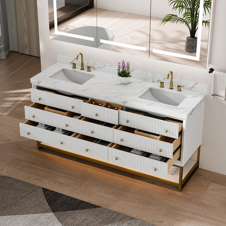 White fluted solid wood bathroom vanity top view with open drawers