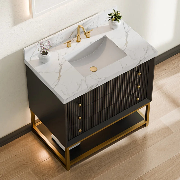 Fluted solid wood bathroom vanity with marble countertop top view