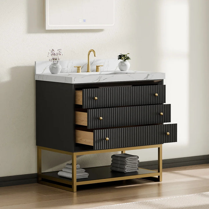 Fluted solid wood bathroom vanity with marble top and open drawers