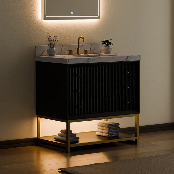 Fluted solid wood bathroom vanity with marble top and warm side view