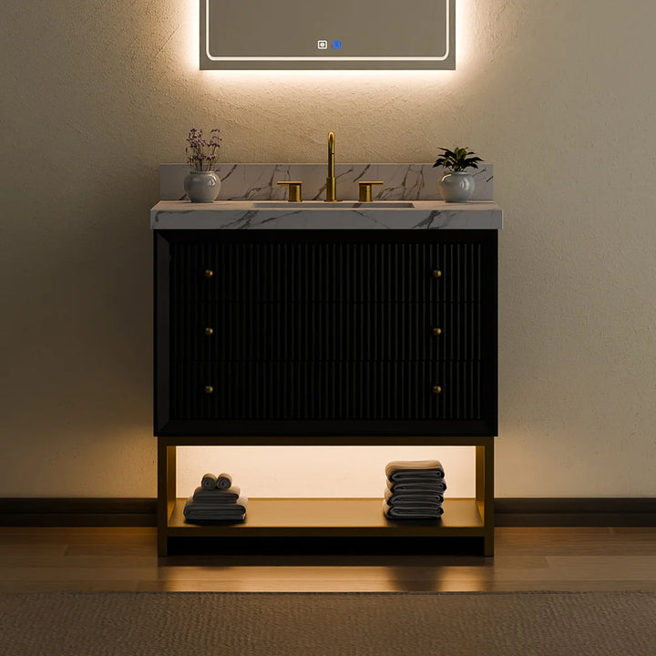 Fluted solid wood bathroom vanity with marble top and warm underlight