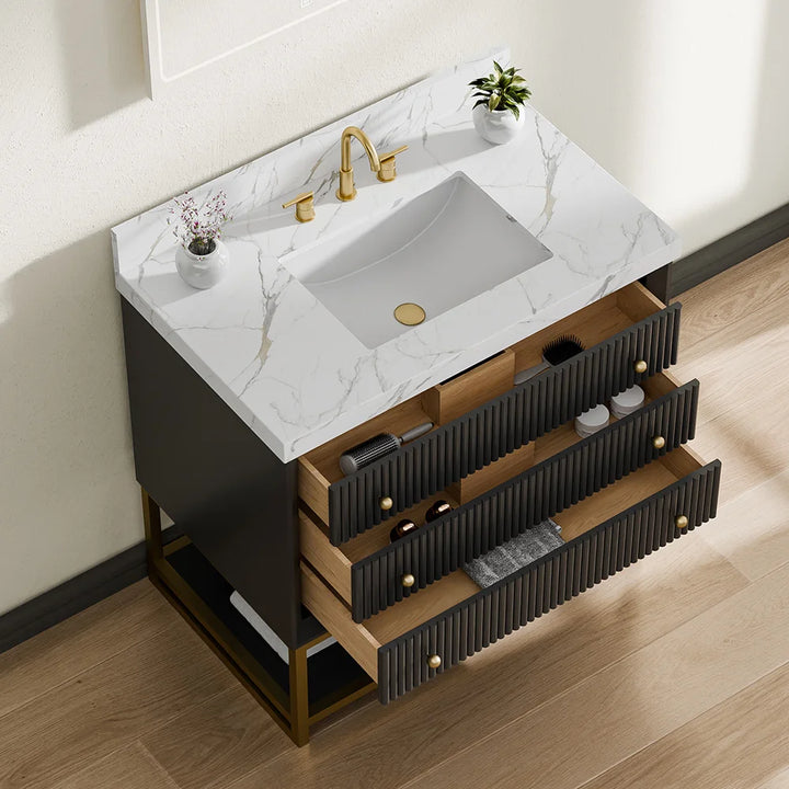 Fluted solid wood bathroom vanity with marble top and open drawers