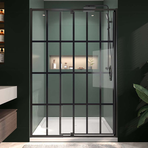Framed pivot shower door front view in modern green bathroom