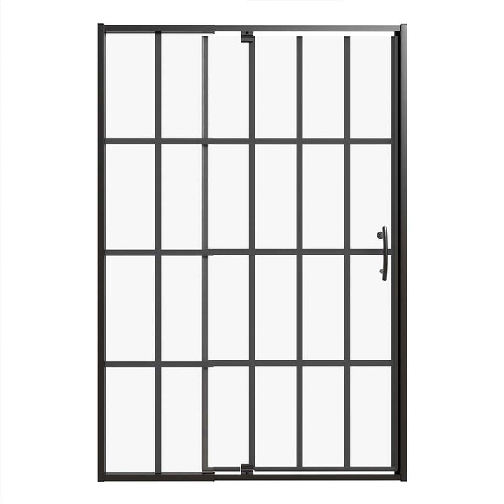 Front view of framed pivot shower door with black grid design