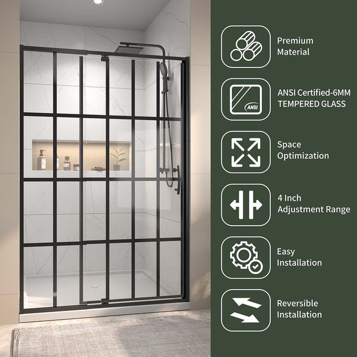 Framed shower door features with ANSI tempered glass and easy installation