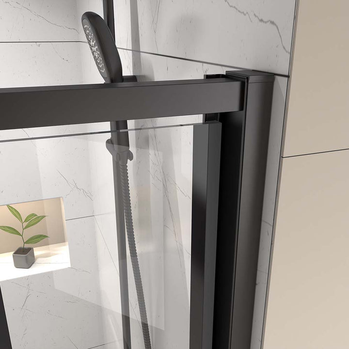 Side frame detail of framed shower door with tempered glass