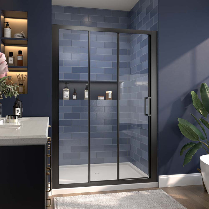 Framed sliding black shower door modern bathroom