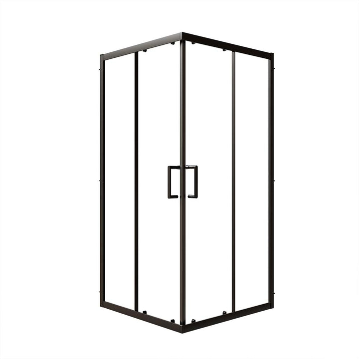 Matte black framed square corner shower door with double handles