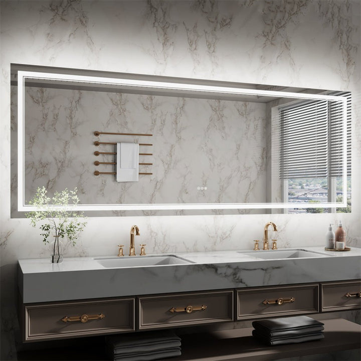 96x36 inch frameless LED bathroom mirror with dual sinks