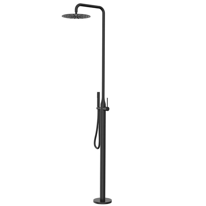 Freestanding black outdoor shower system with hand sprayer