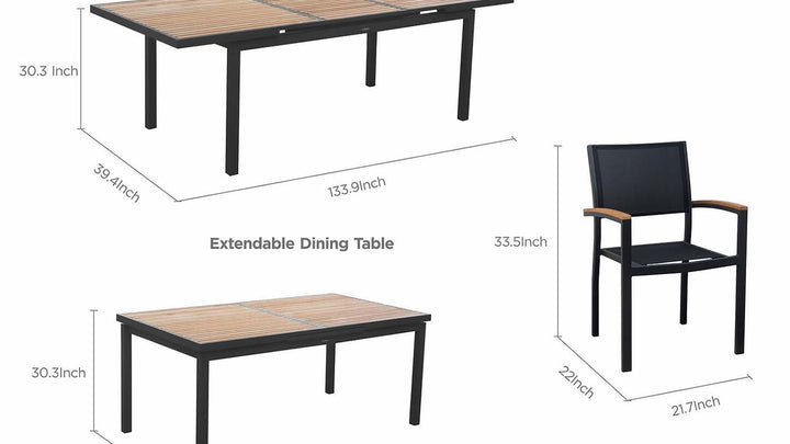 Dimension view of FSC Teak Extendable Outdoor Dining Table and Armchair