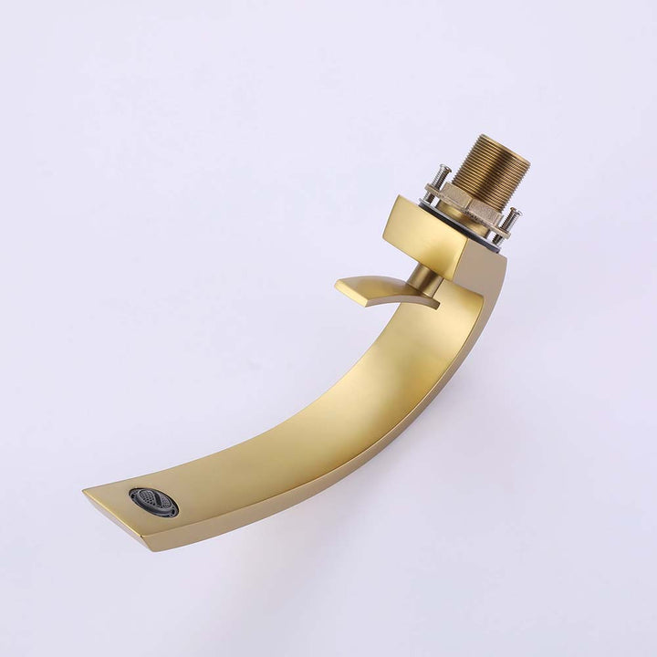 Gold bathroom faucet body side view with valve and spout