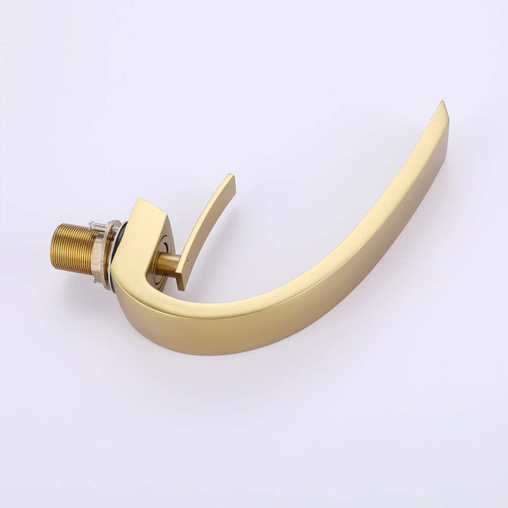 Gold bathroom faucet body with handle and valve detail