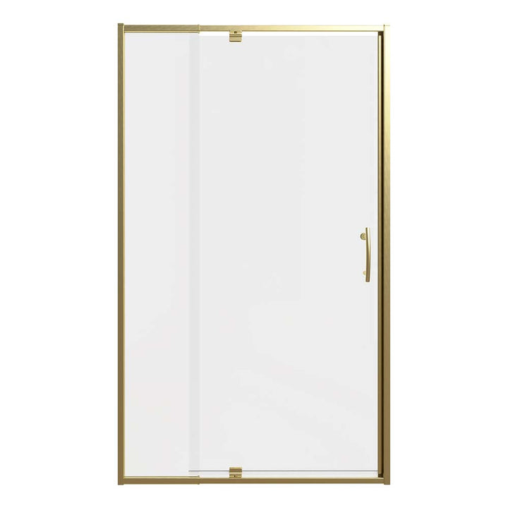 Gold framed pivot shower door with clear glass front view