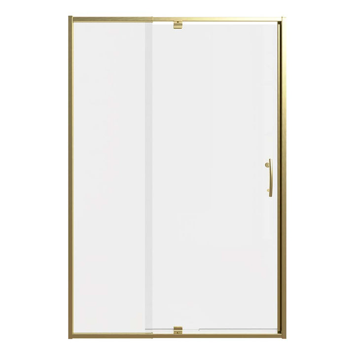 Gold framed pivot shower door front view on white background