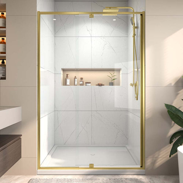 Gold framed shower door front view in modern bathroom