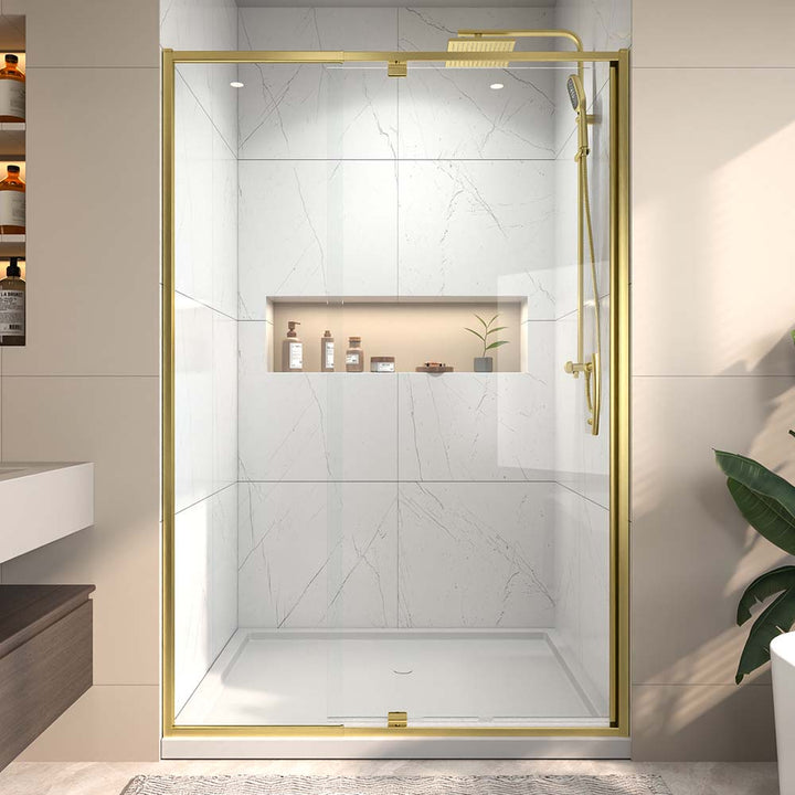 Gold framed shower door front view in modern bathroom