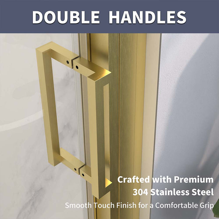 Double handles of gold-framed sliding shower door crafted with stainless steel