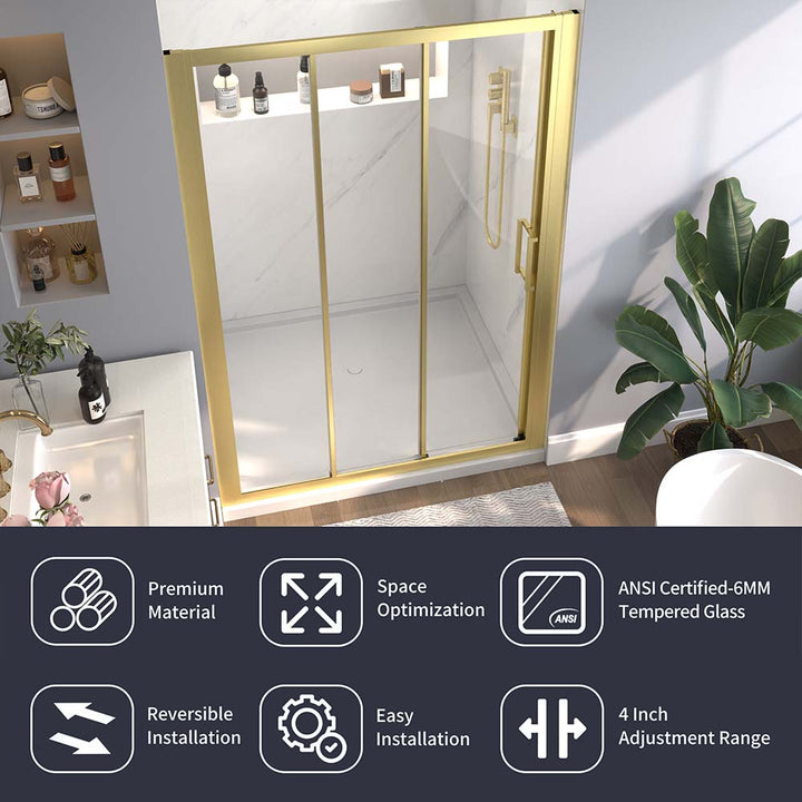 Gold-framed sliding shower door with features like ANSI certified glass and easy installation
