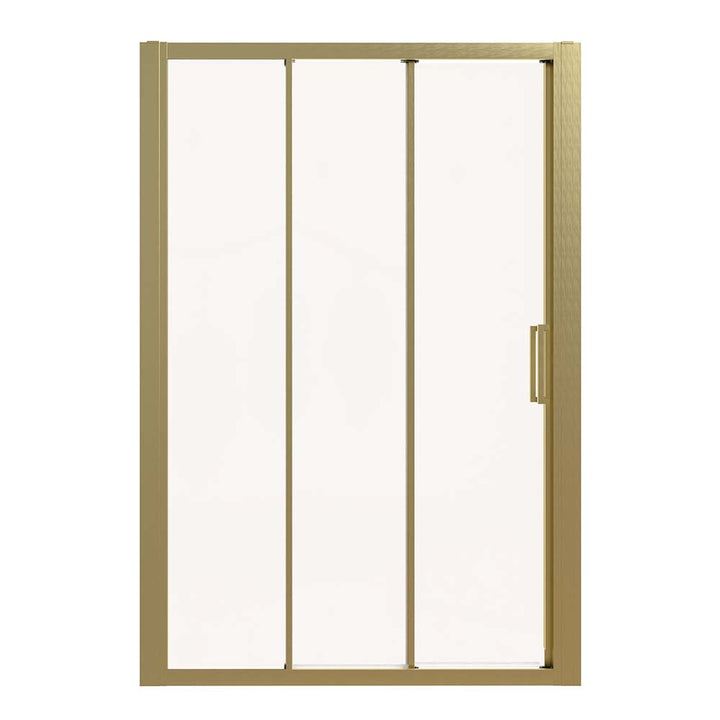 Gold-framed sliding shower door front view with clear glass panels