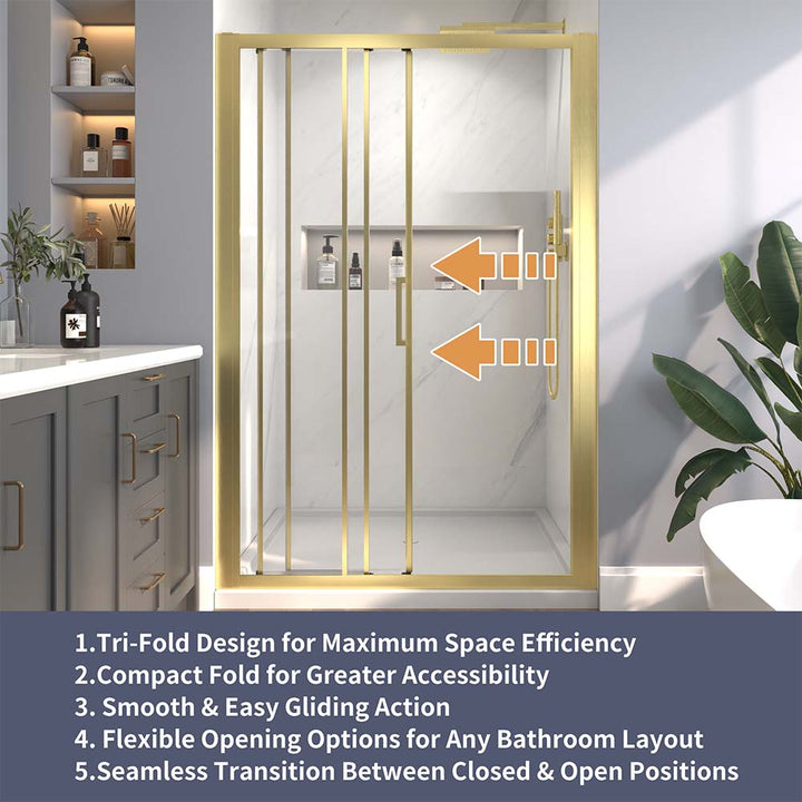 Tri-fold gold-framed sliding shower door with smooth gliding action